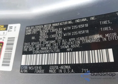 2022 Toyota Highlander Xle из США, поврежденный, VIN 5TDHZRAHXNS142586